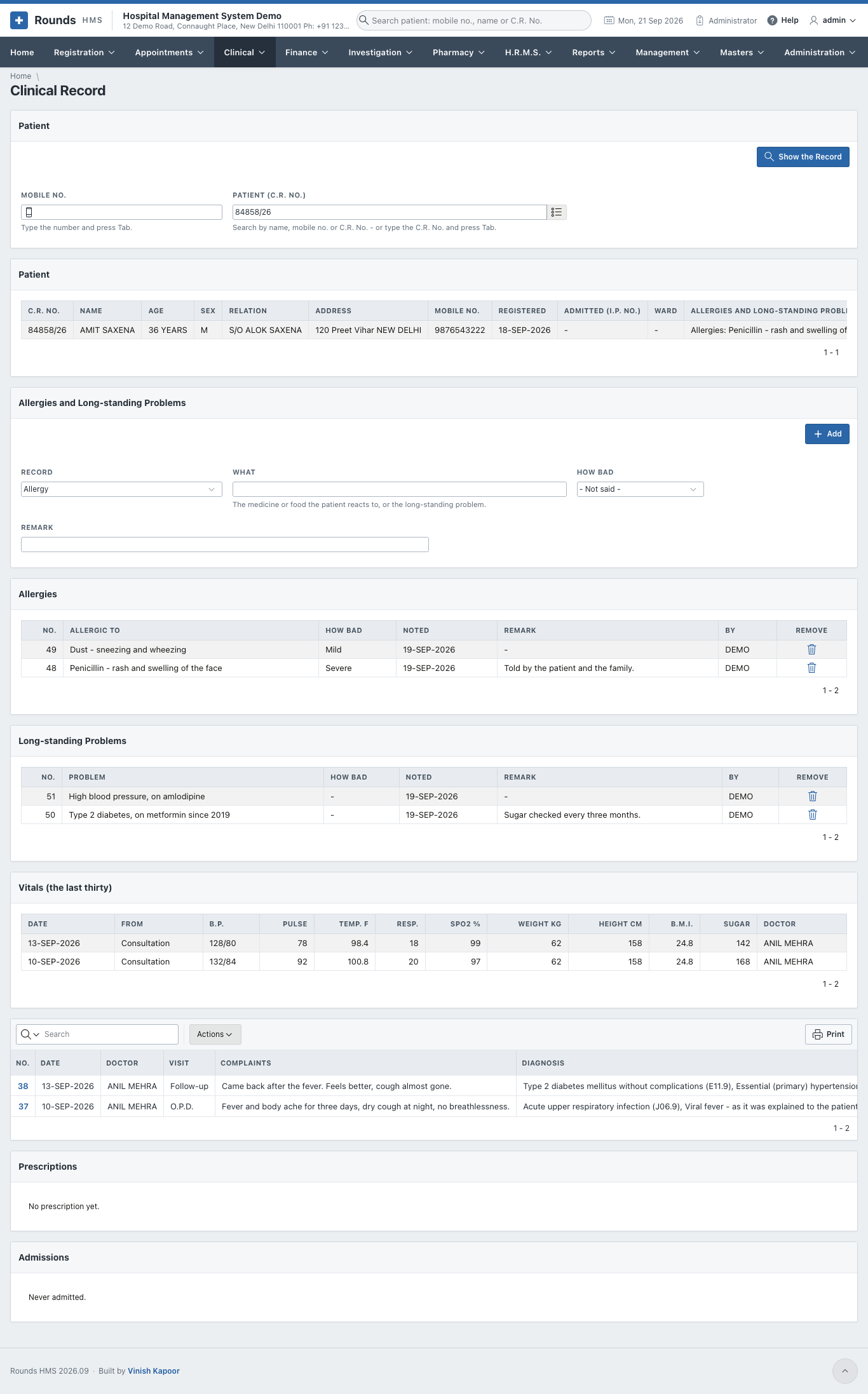 The clinical record of a patient