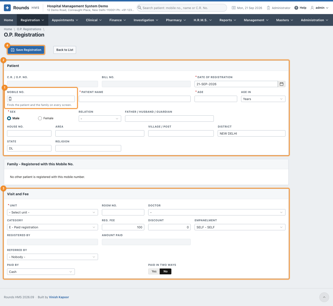 An empty registration form