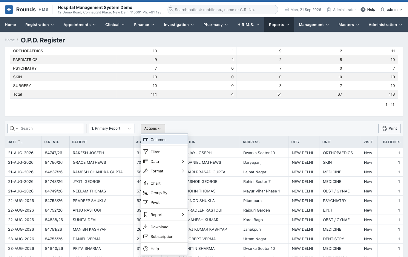 The Actions menu of a report
