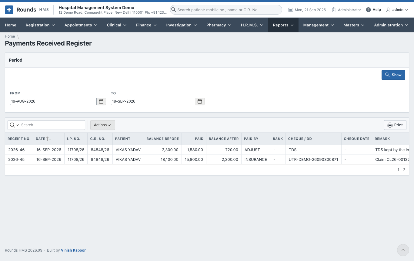 Payments Received Register