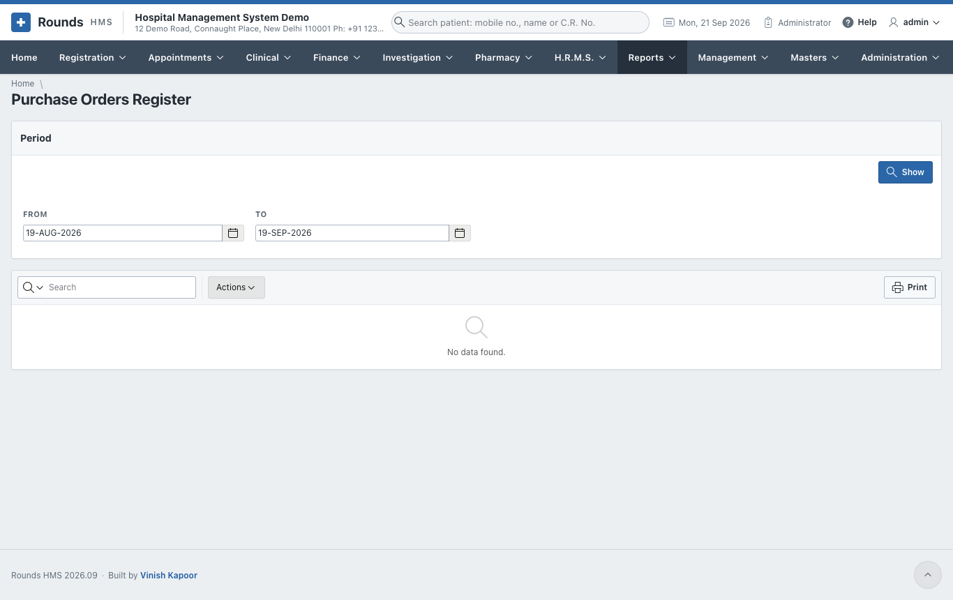 Purchase Orders Register